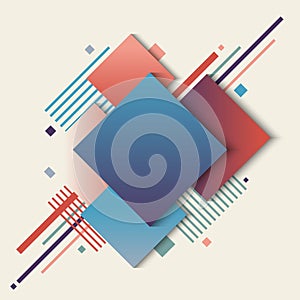 Abstract geometric squares blue and red gradient color with stripes lines elements on white background