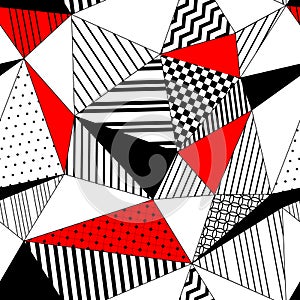 Abstract geometric striped triangles seamless pattern in black white and red, vector