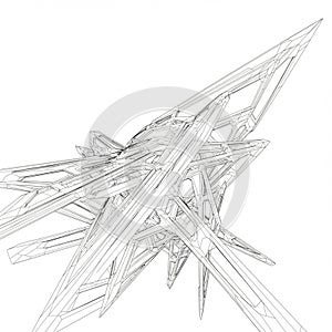 An abstract, geometric structure composed of sharp, angular lines and intersecting