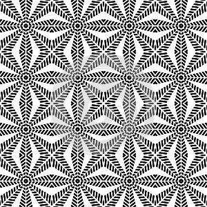 Abstract geometric swirl hypnotize seamless pattern with black ormament on white background. Template design for web