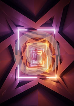 Abstract Geometric Tunnel with Neon Pink Orange Lights