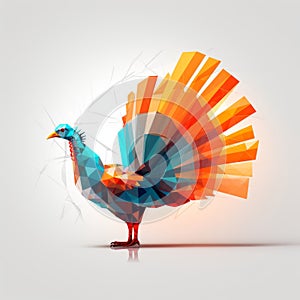 abstract geometric turkey with orange blue and green feathers on a white background