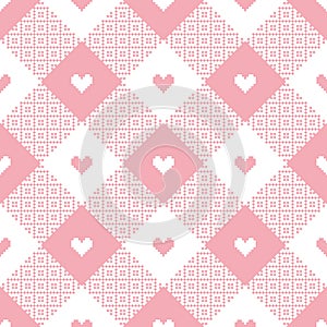 Abstract geometric vector pattern with hearts in soft pink and white. Seamless gingham tartan check plaid for Valentines Day.