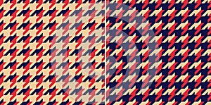 Abstract geometric vector pattern with houndstooth check plaid in navy blue, red, beige. Seamless tweed tartan set for autumn.