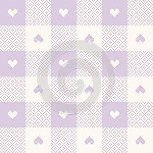 Abstract geometric vector pattern with love hearts for Valentines Day. Pixel textured lilac gingham tartan check plaid.