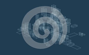 Abstract geometric wireframe in linear style. Matrix cubes pattern background for architectural template design. Schematic design