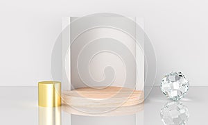 Abstract geometric wood podium with studio on white background. Empty pedestal circle platform for winner award, product