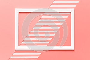 Abstract geometrical living coral pantone color flat lay background. Minimalism, geometry and symmetry template.