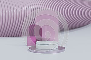 Abstract geometry crystal glass shape,white and purple shiny color podium,sophisticated pattern purple background,mockup product