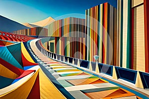 abstract geometry shapes flowing into each other, bright vivid colors, futuristic architectural design and concept