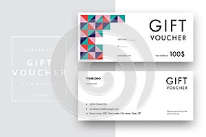 Abstract gift voucher card template. Modern discount coupon or certificate layout with geometric shape pattern. Vector fashion