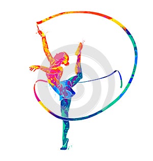 Abstract girl gymnast with ribbon from splash of watercolors