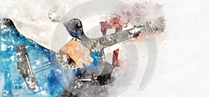 Abstract girl playing acoustic guitar on watercolor illustration painting background.