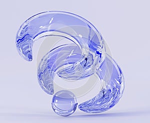 Abstract glass geometric figures, iridescent crystal arcs with sphere 3d render. Transparent wave curve fluid forms with