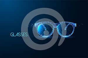 Abstract glasses, sunglasses, smart futuristic technologies in eyewear on dark blue background