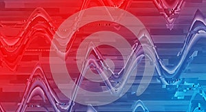 Distorted waves in red and blue create abstract glitch art background with digital noise effect and texture
