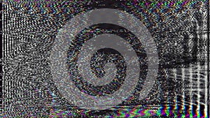 Abstract glitch VHS TV screen background with grunge texture and flickering static.