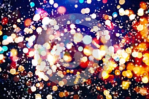 Abstract glitter lights and stars. Festive blue and white color sparkling vintage background.Blurred bokeh christmas background wi