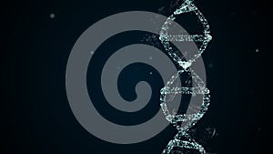 Abstract glittering DNA helix with depth of field over dark space background.