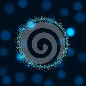 Abstract Glittering Particles Circle in Dark Background with Blurred Blue Bokeh