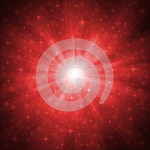Abstract Glittering Sparkles and Rays in Dark Red Gradient Background