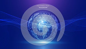 abstract global dot network circle digital connection and point curve wave