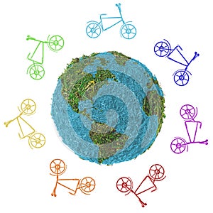 Abstract globe with bicycles on a white background