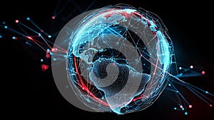 Abstract Globe with Blue and Red Data Stream on Black