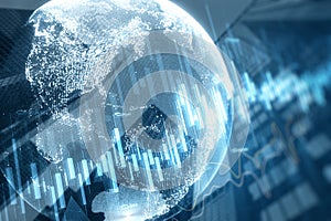 Abstract globe with forex chart on blurry city background. Finance statistics and data Analytics. Stock exchange market,