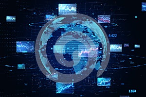 Abstract globe with forex charts and graphs on background. Global trading and market concept. 3D Rendering