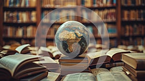 An abstract globe surrounded by open books symbolizes global education