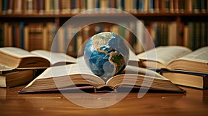 An abstract globe surrounded by open books symbolizes global education