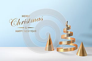 Abstract glossy Christmas trees. Golden coil metallic cone, spiral ribbon geometric shapes. New year and xmas decoration concept