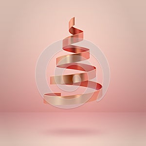 Abstract glossy spiral Christmas tree. Golden coil metallic ribbon. New year and xmas decoration concept. 3d minimal pastel colo