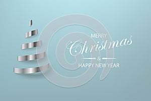 Abstract glossy spiral Christmas tree. Silver coil metallic ribbon. New year and xmas decoration concept. 3d minimal pastel colo