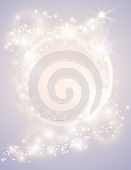 Abstract glow light spark circle frame bright Christmas background. Sparkling festive design poster. Glitter magic round border