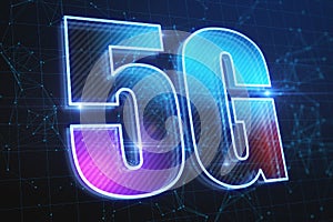 Abstract glowing 5G hologram on dark background. Wireless infomation and future technology concept. 3D Rendering