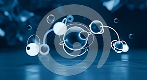 Abstract glowing atomic structure with orbiting electrons in deep blue