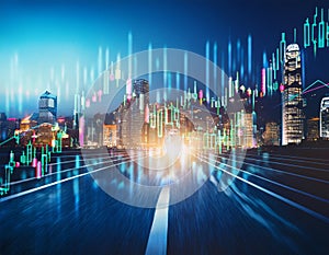 Abstract glowing big data forex candlestick chart on blurry city background