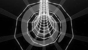 Abstract glowing black and white digital VJ tunnel made by lines and bokeh particles moving on the dark background. Futuristic,