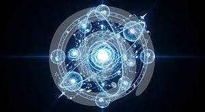 Abstract glowing blue atomic structure with orbiting particles on black background