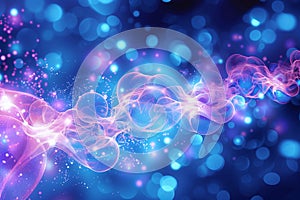 An abstract glowing blue background with pink and purple bubbles, light effects