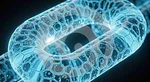 Abstract glowing blue blockchain chain links representing futuristic digital technology and data security