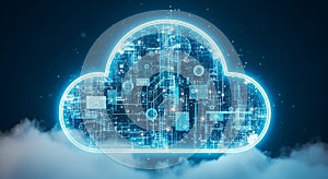 Abstract glowing blue cloud computing concept with circuit board elements and data streams