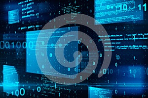 Abstract glowing blue coding backdrop. Binary code, technology, data and internet concept.