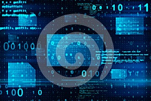 Abstract glowing blue coding background. Binary code, technology, data and internet concept.