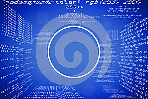 Abstract glowing blue coding programming background with blank round mock up frame. Big data and code concept.