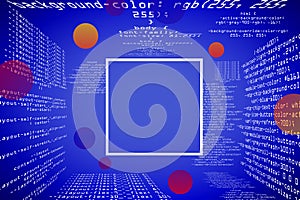 Abstract glowing blue coding programming background with blank square mock up frame. Big data and code concept.