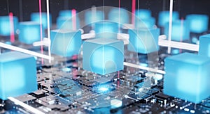 Abstract glowing blue cubes on a circuit board representing digital network technology concepts