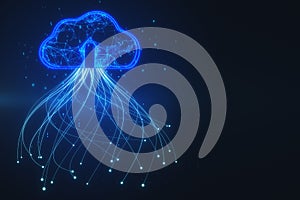Abstract glowing blue digital cloud with binary code on dark background with mock up place. Computing and coding concept. 3D